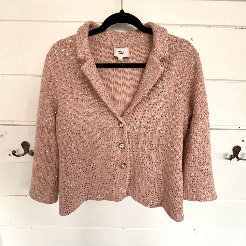 ECI New York Blush Pink Sweater/ Knit Sequin Blazer with Jewel Buttons. Size L.